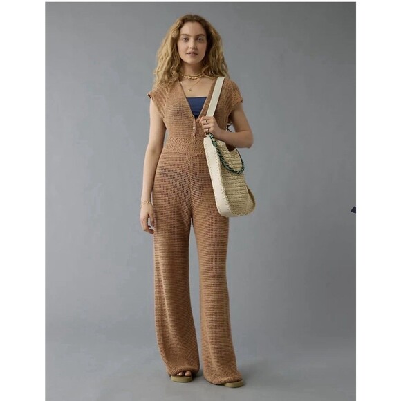 American Eagle Outfitters Dresses & Skirts - American Eagle Crochet Jumpsuit Tan Knit Wide Leg Boho Festival Cover Up Size XL